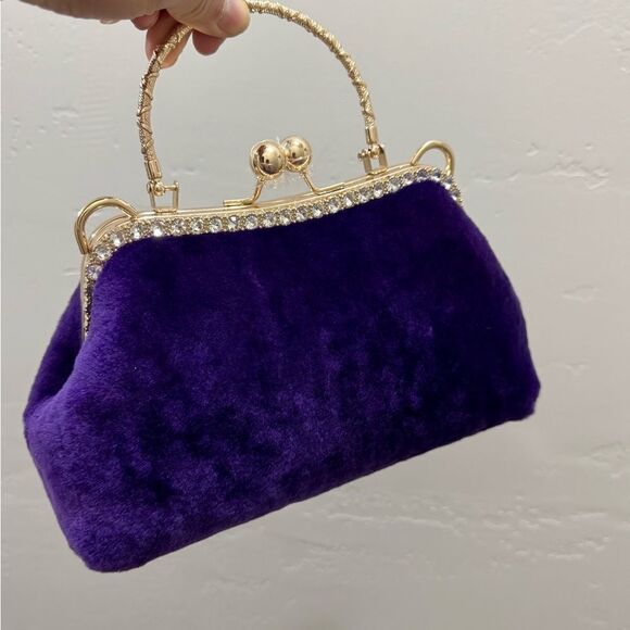 Purple Handmade Genuine Shearling Kisslock Top Handle bag/Shoulder Bag/Crossbody - Picture 5 of 16